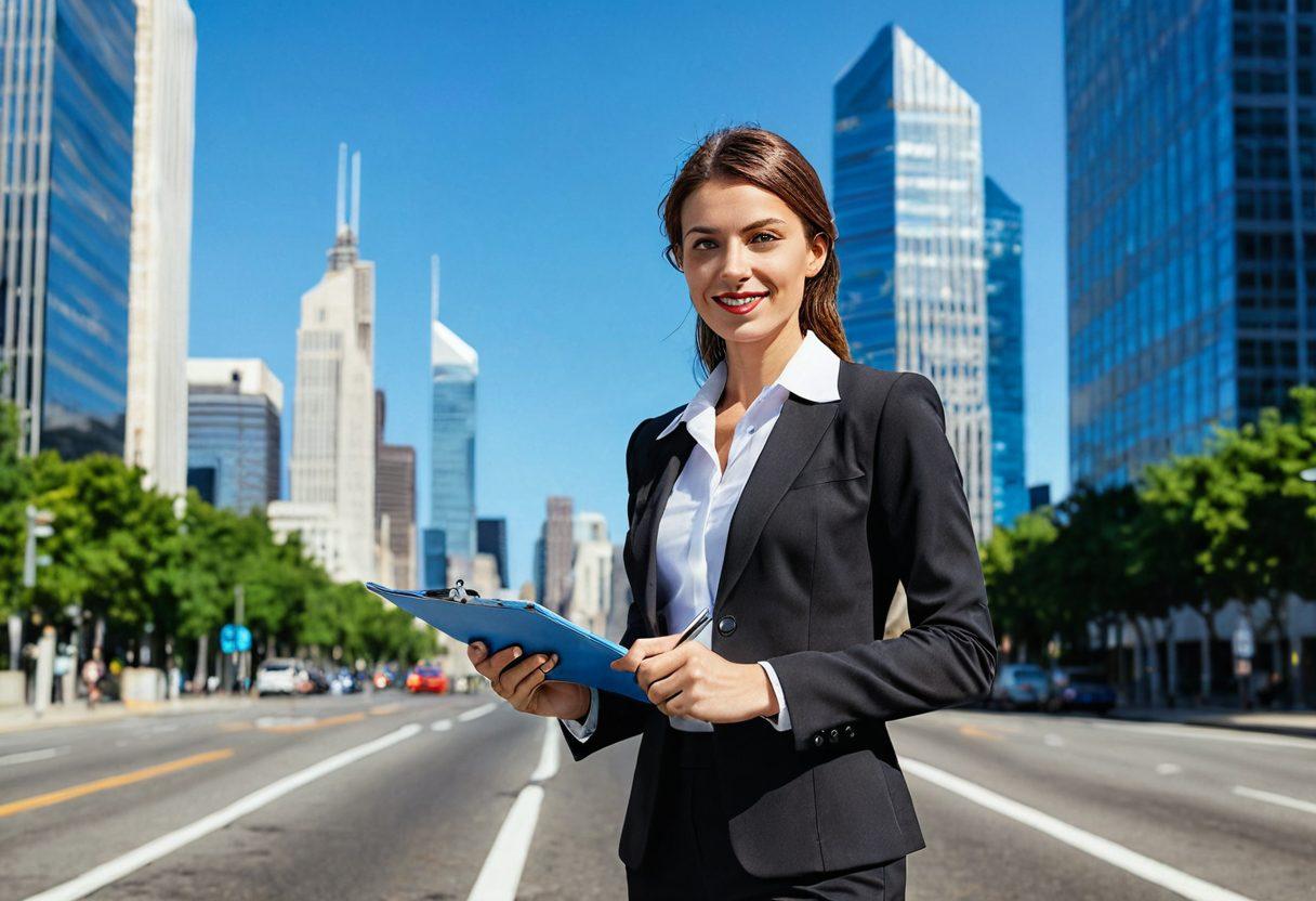 A confident professional woman standing at a fork in the road, with one path leading to a bright office and the other to a bustling city. She holds a clipboard filled with tips and advice, wearing smart attire. The background features dynamic skyscrapers and a clear blue sky, symbolizing career growth and possibilities. Emphasize a sense of empowerment and opportunity. super-realistic. vibrant colors. white background.