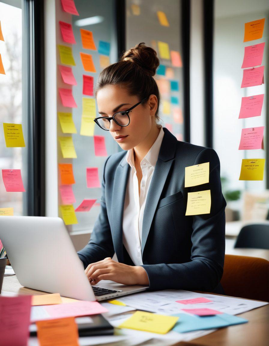 A stylish office setting with an open laptop displaying job listings and application forms, surrounded by colorful post-it notes with motivational keywords like 'Unlock', 'Opportunities', and 'Success'. In the foreground, a confident young professional, dressed in smart attire, analyzes a document with a determined expression. A soft light falls through a window, creating an inviting atmosphere. Vector art. vibrant colors. modern design.