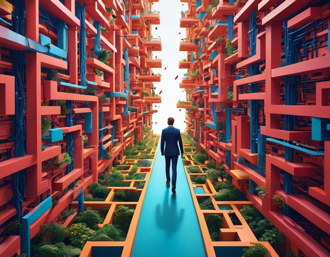 A whimsical journey through a digital landscape, featuring a character navigating a vibrant maze of job listings transforming into virtual opportunities. Include elements like floating screens showcasing diverse career paths, arrows pointing towards futuristic buildings, and pathways lined with motivational quotes. The background should be filled with bright colors and abstract shapes representing innovation and technology. super-realistic. vibrant colors. digital art.